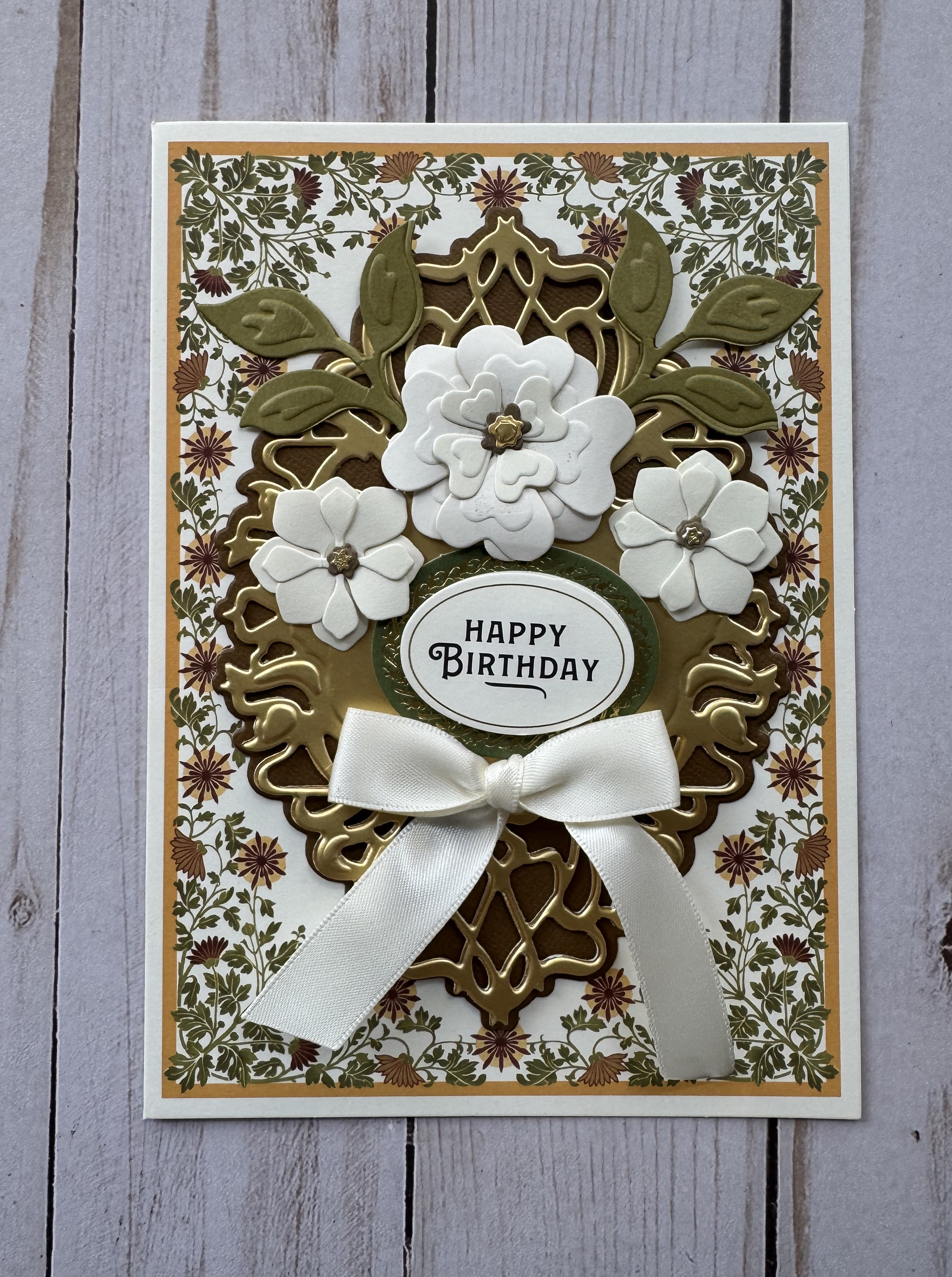 Birthday Card Flower Anna Griffin Dies Gold Cream Brown colors. Floral print. Bow